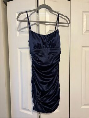 Emerald Sundae Satin Ruched Spaghetti Strap Mini Dress.